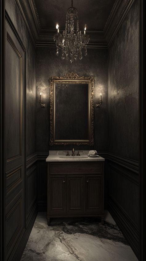 Luxurious half bathroom with dark grey wainscoted walls, gold trim, crystal chandelier, marble floor, and vintage wood Small Chandelier Bathroom, Dark Vanity, Half Bathroom Decor Ideas, Black Powder Room, Elegant Powder Room, Marble Bathroom Sink, Room Ideas Dark, Small Powder Room, Picture Dark