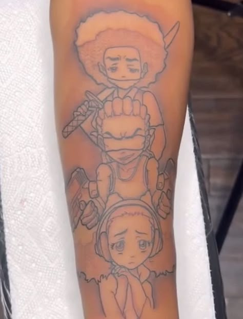 Anime Tattoos Dark Skin, Anime Tattoo Black Skin, Anime Tattoos Black People, Proud Family Tattoo, Gangsta Cartoon Characters Tattoos, Riley Boondocks Tattoo, Loner Tattoos, Huey Freeman Tattoo, Cartoon Network Tattoo Ideas