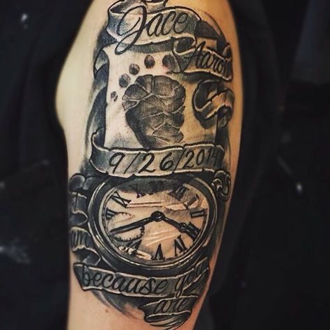 Childs name, birth date and time of birth tattoo! Black and grey, arm tattoo. Birth Tattoo, Birthdate Tattoo, Date Tattoos, Clock Tattoo Design, Tattoos With Kids Names, Tattoo Inspiration Men, Tattoo For Son, Clock Tattoo