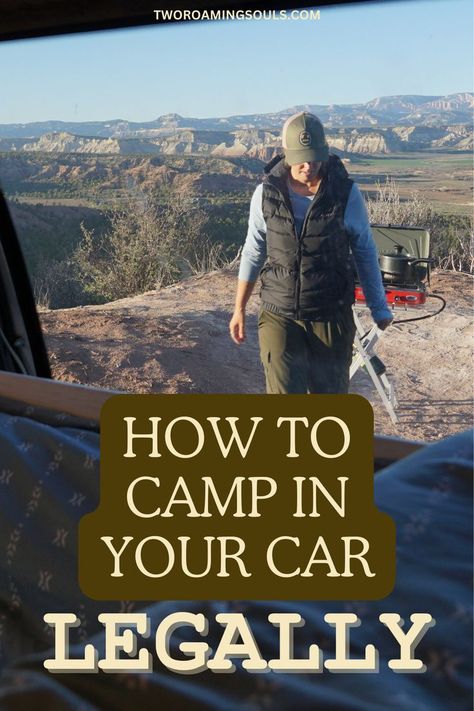 text reads: how to camp in your car legally, image is: a girl car camping Rav4 Camping, Living In A Camper, Car Camping Essentials, Sleeping In Your Car, Living In Car, Car Tent Camping, Stealth Camping, Smart Organization, Car Tent