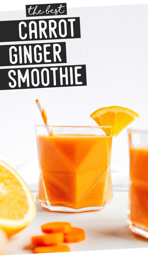 Give your body a health kick and your tastebuds a treat with this Carrot Smoothie recipe with ginger and citrus. A handful of ingredients and 5 minutes. A flavor packed healthy smoothie recipe that you family will love. #smoothie #carrots #vegan #vegetarian #beverage #drink #breakfast Smoothie With Ginger, Carrot Smoothie Recipe, Carrot Ginger Smoothie, Recipe With Ginger, Drink Breakfast, Healthy Smoothie Recipe, Quick Smoothies, Carrot Smoothie, Healthy Meals For One