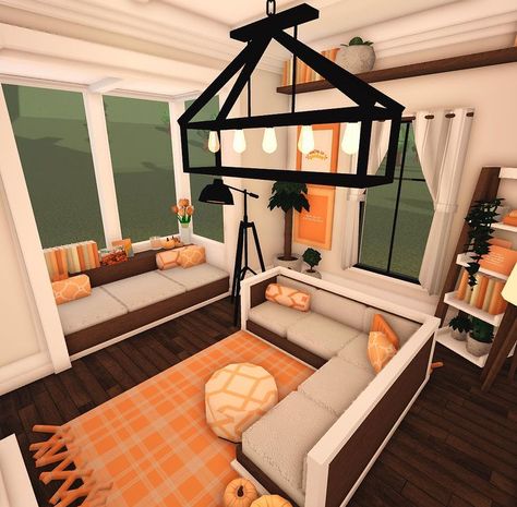 Bloc Burg Fall House, Autumn House Interior Bloxburg, Fall Living Room Decor Bloxburg, Modern Fall House Bloxburg, Bloxburg Fall House Living Room, Roblox Bloxburg House Ideas Fall, Small Bloxburg Fall House, Halloween Bloxburg Houses Interior, Fall Bloxburg Living Room Ideas