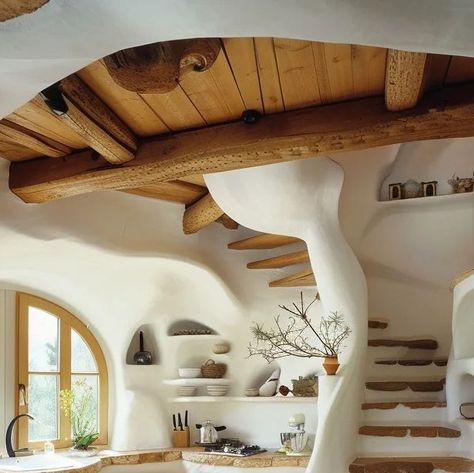 Cob House Fireplace, Straw Clay House, House With Tree Inside, Cob House Design, Modern Cob House, Cob House Interior, Rustic Beams, Sand House, Eco House Design