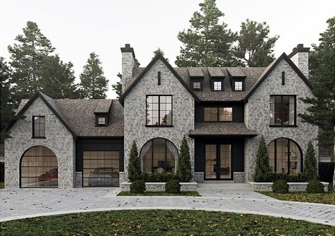 Large Front Windows Exterior, Black And Stone House Exterior, Modern Tudor House Exterior, Modern Tudor House Plans, Black Siding, Tudor House Exterior, Round Windows, Cedar Shingle, Glass Garage