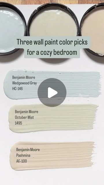 Karolina De Costa on Instagram: "3 Bedroom Wall Paint Picks

PLUS a new mood board in my Stories!

Create a cozy atmosphere in the bedroom with one of these relaxing wall paint colors.

BENJAMIN MOORE WEDGEWOOD GRAY HC-146:  A moody mixture of soft blue and green with a gray undertone. 

BENJAMIN MOORE OCTOBER MIST 1495 :  An earthy mid-tone green with a soft brown/gray undertone.

BENJAMIN MOORE PASHMINA AF-100:  A rich and warm beige/gray that won’t feel washed out in large well lit spaces.

Which one would you pick?  Let me know in the comments.

And don’t forget to check out my stories to see how I would style these colors with curated bedroom furniture and decor.

For more Benjamin Moore paint colors and advice don’t forget to save your favorites and follow along!
 
#interiordesign #i Benjamin Moore Wedgewood Gray, Benjamin Moore Pashmina, Wedgewood Gray, Relaxing Bedroom Colors, Curated Bedroom, October Mist, Benjamin Moore Paint Colors, Bedroom Wall Paint, Paint Colors Benjamin Moore