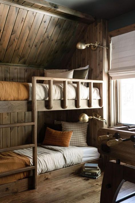 Moody Elevated Cabin Design - Our First Project of 2024 - Farmhouse Living Cozy Cabin Bunk Beds, Built In Cabin Bunk Beds, Log Cabin Bunk Beds, Cozy Cabin Bedding, Vintage Bunk Room, Small Space Bunk Beds, Small Cozy Cabin Interior, Cabin Bunk Room Ideas, Kids Cabin Bedroom