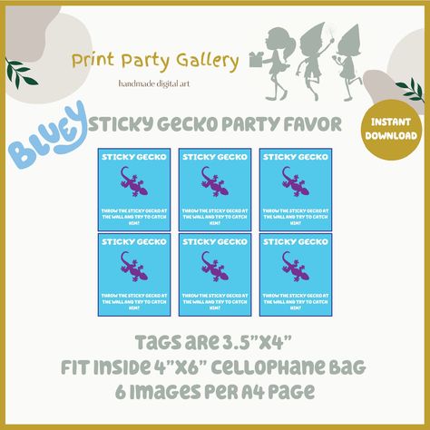 Sticky Gecko Printable, Sticky Gecko, Printable Bluey, Bluey Party, Printable Decorations, Party Planners, Favor Packaging, Printable Decor, Boys Birthday