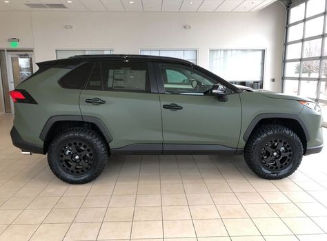 Matte Army Green Custom Rav4, Toyota Highlander Custom, Rav 4 Toyota, Green Toyota, Rav4 Offroad, Car Camping Organization, Toyota Rav4 Hybrid, Toyota Suv, Rav4 Hybrid