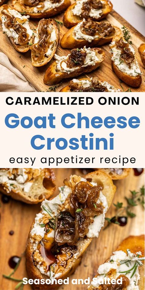 If you’re on the hunt for an easy holiday appetizer recipe, you’ve come to the right place! This caramelized onion crostini with goat cheese is a total crowd-pleaser, with creamy goat cheese, sweet caramelized onions, and fresh herbs. Perfect for Thanksgiving, the holiday season, or a warm summer evening, these crostini appetizers bring a little something special to the table! Garlic Herb Goat Cheese Recipe, Caramelized Onion Crostini, Crostini Board Ideas, Goat Cheese Pairings, Cold Crostini Appetizers, Holiday Crostini Appetizers, Easy Goat Cheese Appetizer, Goat Cheese Crostini Appetizers, Brie Crostini Appetizers