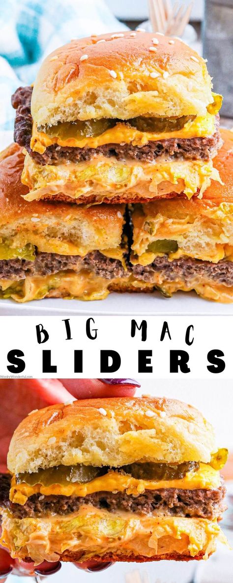 Dinner Ideas For A Party, Fast Easy Food Ideas, Big Mac Sliders Hawaiian Rolls, Homemade Fast Food Recipes, Cheeseburger Sliders Recipes, Super Easy Meals, Burger Meals, Big Mac Sliders, Favorite Dinner Recipes