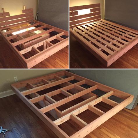 Floating Full Size Bed Frame, Floating Wood Bed Frame, Queen Floating Bed, Floating Bed Diy, Build Bed Frame, Log Bedroom Furniture, Queen Bed Frame Diy, Diy King Bed Frame, Steel Bed Design