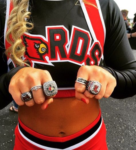 University of Louisville/GymTyme National/World championship rings Louisville Football, Cheer Photography, Cheer Gear, Cheer Extreme, College Cheerleading, Cheer Spirit, Cheer Workouts, College Cheer, All Star Cheer