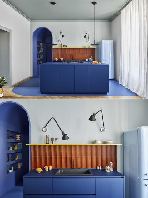 Entrance Corridor, Iroko Wood, Blue Floor, Bright Walls, Whatsapp Web, High Walls, Blue Kitchens, Blue Interior, Milan Italy