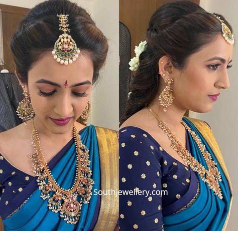 Niharika Konidela in a traditional kundan guttapusalu haram paired with matching earrings, kundan maang tikka and polki diamond nakshi vaddanam at her pellikuthuru ceremony. Maang Tikka With Saree, Saree Hairstyles With Mangtika, Hairstyles For Halfsarees, Pelli Bottu For Bride, Guttapoosalu Haram, Maang Tikka Bridal Gold South Indian, Maang Tikka Bridal South Indian, Pellikuturu Hairstyles, Wedding Hairstyles Indian Traditional