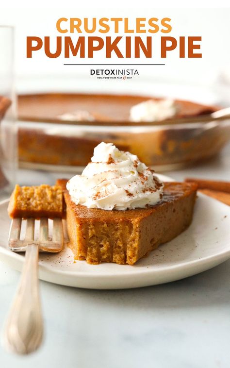 Crustless Pumpkin Pie has the flavor you love without the effort of making a pie crust! This gluten-free dessert is easy to slice and serve, even without the crust. Crustless Pumpkin Pie Recipe, Holiday Pies Recipes, Pumpkin Pie Cookies, Gluten Free Pumpkin Pie, Keto Pumpkin Pie, Crustless Pumpkin Pie, Chocolate Peanut Butter Pie, Vegan Pumpkin Pie, Holiday Pies