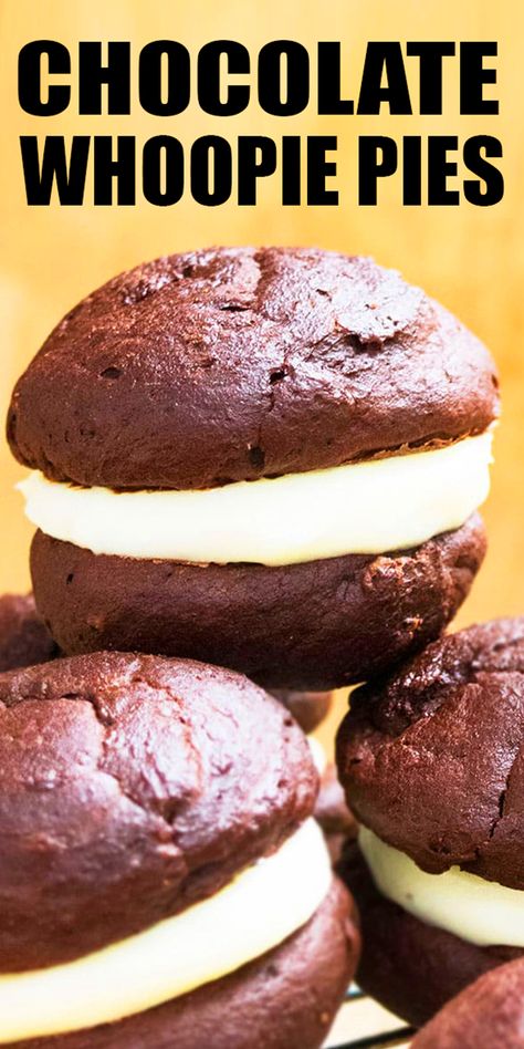 This CHOCOLATE WHOOPIE PIES recipe is such a classic. It's an old fashioned dessert that's made with simple ingredients and starts off with a cake mix box. Two soft cake like cookies are filled with marshmallow frosting. From CakeWhiz. Easy Whoopie Pie, Cake Mix Whoopie Pies, Bake Sale Desserts, Marshmallow Filling, Whoopie Pie Recipe, Boxed Cake Mixes Recipes, Chocolate Whoopie Pies, Cake Mix Desserts, Bake Sale Recipes