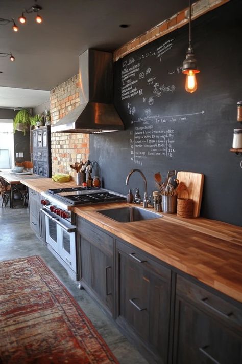 "Elevate your kitchen space with a DIY Chalkboard Paint Accent Wall! 🖌️🍳 Perfect for adding a personal touch to your decor. #KitchenAccentWall #ChalkboardInspiration #DIYProjects" Kitchen With Black Accent Wall, Accent Walls In Kitchen, Kitchen Walls Paint Ideas, Shiplap Wall Kitchen, Kitchen Chalkboard Ideas, Wood Wall Kitchen, Chalk Wall Ideas, Kitchen Accent Wall Ideas, Paint Accent Wall