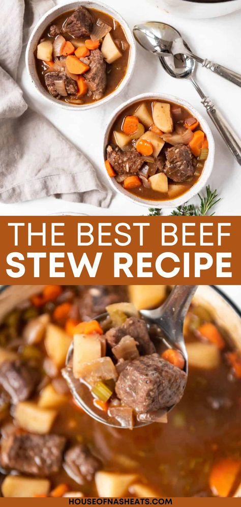 This classic Beef Stew recipe is perfect for warming you up on a cold night or feeding the whole family for Sunday dinner. Made with tender beef, savory onions, celery, carrots, potatoes, and peas, it's packed full of flavor and nutrients too, so it's a win-win! | homemade beef stew stove top | homemade beef stew seasoning | homemade beef stew recipes | homemade beef stew dutch oven | easy homemade beef stew recipe | beef stew recipes stove top easy | beef stew recipes for dinner Beef Stew Dutch Oven, Homemade Beef Stew Seasoning, Stew Stove Top, Stew Recipes Stove Top, Dutch Oven Beef Stew Recipes, Recipes Stove Top, Beef Stew Stove, Stew Seasoning, Classic Beef Stew Recipe