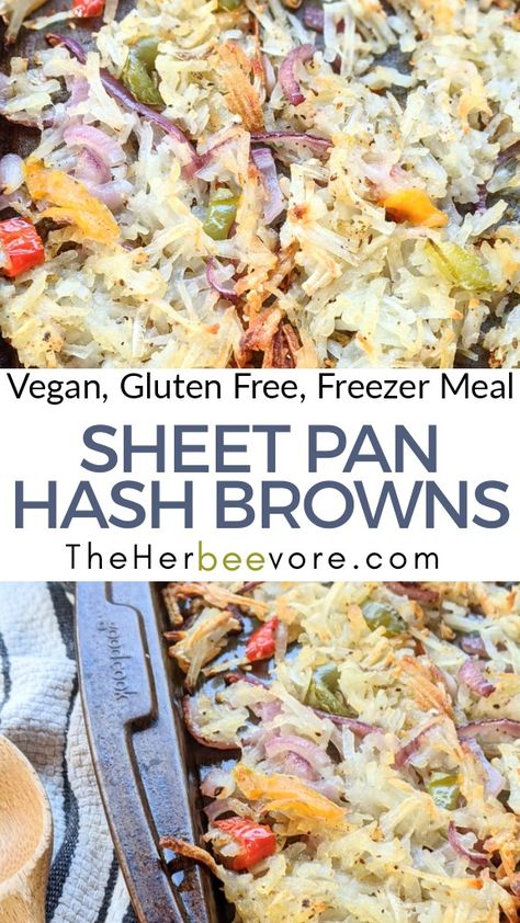 These sheet pan hash browns are a quick and delicious breakfast or brunch side: made with potatoes, onion, garlic, pepper, & spices. Vegan and gluten free brunch ideas for a crowd! Great served up with some fresh sourdough toast and a tall glass of orange juice, best Whole30 breakfast recipes! #whole30 #vegan #glutenfree #potatoes #vegetarian #hashbrowns #breakfast #brunch #recipes #recipe #cooking #diy #veganuary #sheetpanmeals #healthy Whole 30 Hashbrown Casserole, Vegan Hashbrown Breakfast, Gf Df Brunch Recipes, Gf Brunch Recipes, Vegan Hashbrown Recipes, Vegan Sheet Pan Breakfast, Vegetarian Brunch Recipes For A Crowd, Vegan Breakfast For A Crowd, Gluten Free Brunch Ideas For A Crowd