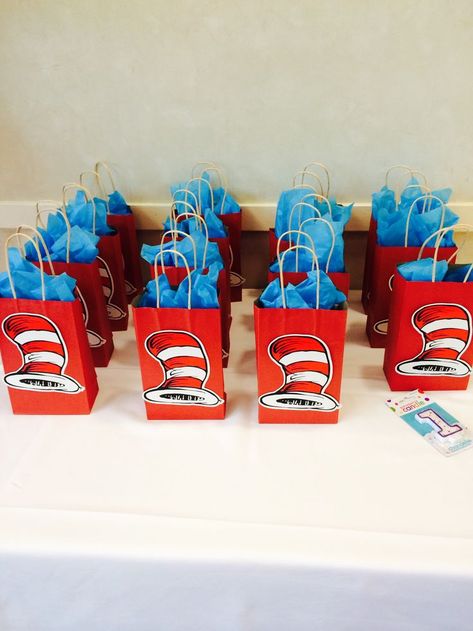 Goodie bags, cat in the hat inspire The Cat In The Hat Birthday Party, Dr Seuss Goodie Bag Ideas, Cat In The Hat Birthday, Doctor Suess Birthday, Dr Seuss Party Ideas, Hat Birthday Party, Cat In The Hat Party, Dr Seuss Birthday Party, Hat Birthday