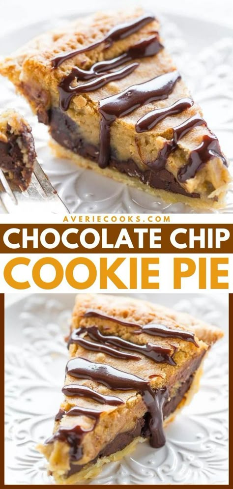 Give this easy dessert idea a try! It's a better-than-Nestle Toll House pie recipe. Rich, decadent, and perfectly gooey, this Chocolate Chip Cookie Pie is the Thanksgiving sweet treat of your dreams! Chocolate Chip Cookie Pie Recipe, Toll House Pie, Cookie Pie Recipe, Chocolate Chip Cookie Pie, Resep Pasta, Thanksgiving Meals, Averie Cooks, Frozen Pie, Toll House