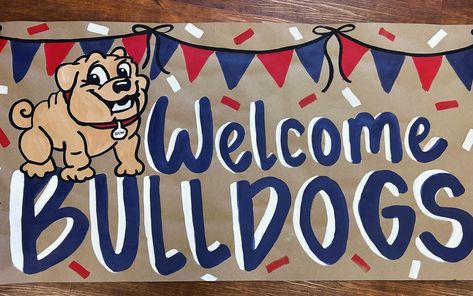 Two back to school banners shipped out! Hope you enjoy your banners bulldogs & panthers! 💕 #paintedbanner #backtoschool #customart #handpainted #personalizedbanner Spirit Banners Ideas, School Spirit Decor, Homecoming Banner Ideas, Homecoming Banners Football, School Spirit Decorations, Basketball Spirit Signs, School Spirit Signs, Gameday Banner, Game Day Sign