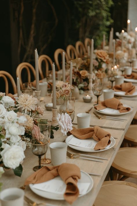 Terracotta Napkins, Wedding Dinner Table Setting, Neutral Wedding Decor, Intimate Reception, Neutral Florals, Earth Tone Wedding, La Jolla Wedding, Earthy Wedding, Reception Dinner