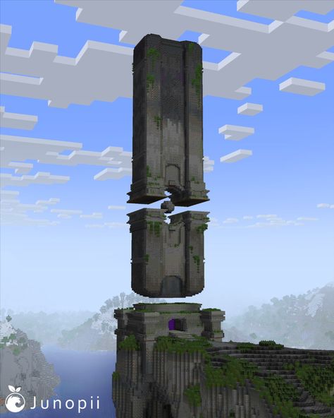 Minecraft build of a large floating stone structure consisting of 2 pillars with a sphere between them. There is a bridge leading to the structure with a small opening at the base with a nether portal inside. Modded Minecraft Base Ideas, Mountain Build Minecraft, Minecraft Watchtower Ideas Simple, Minecraft Futuristic Building Ideas, Minecraft Evil Base, Minecraft Towers Ideas, Minecraft Village Center Ideas, Cool Minecraft Base Ideas, Minecraft Monolith