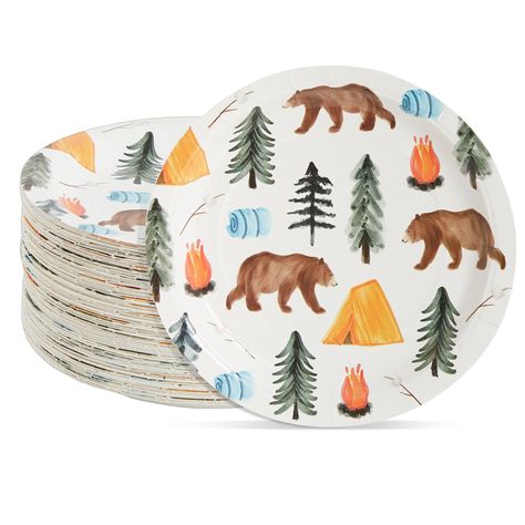 PRICES MAY VARY. Serves 80: Our camping birthday dinnerware set includes 80 colorful party plates that will instantly elevate your dining table, buffet, or dessert table setting Camping Birthday Party Supplies: The camping themed party paper plates feature a tent, bear, forest tree, sleeping bag, and campfire pattern; ideal for creating a celebratory atmosphere and perfectly coordinated theme for your upcoming party Quick And Easy Clean-Up: An ideal alternative to traditional plastic party plate Happy Camper Birthday Party, Camping Party Decorations, Camping Theme Birthday, Camping Plates, One Happy Camper, Camping Theme Party, Camping Birthday Party, 1st Birthday Party Decorations, Camping Birthday