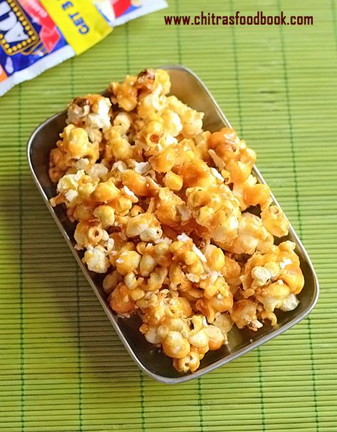 How To Make Caramel Popcorn Recipe On the Stove With White Sugar - Popcorn Without Corn Syrup/ Brown Sugar | Chitra's Food Book Make Caramel Popcorn, Sugar Popcorn, Homemade Caramel Popcorn, Caramel Popcorn Recipe, Hot Popcorn, Popcorn Recipes Caramel, How To Make Caramel, Popcorn Recipe, Popcorn Kernels