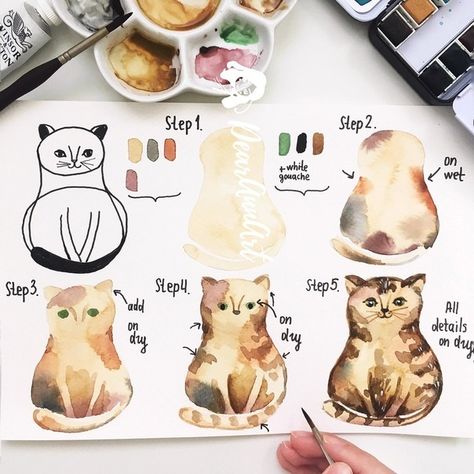 Animals Watercolor, Step By Step Watercolor, Watercolor Paintings For Beginners, Watercolour Inspiration, Watercolor Painting Techniques, 수채화 그림, Watercolor Art Lessons, Watercolor Cat, Watercolor Paintings Tutorials