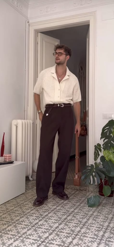 Retro Fashion Mens Vintage Style, Summer Academia Outfits, Blazer Men Outfit, Aesthetic Boy Outfit, Wide Pants Outfit, Polo Outfit Men, Brown Pants Outfit, Classic Taper, Black Outfit Men