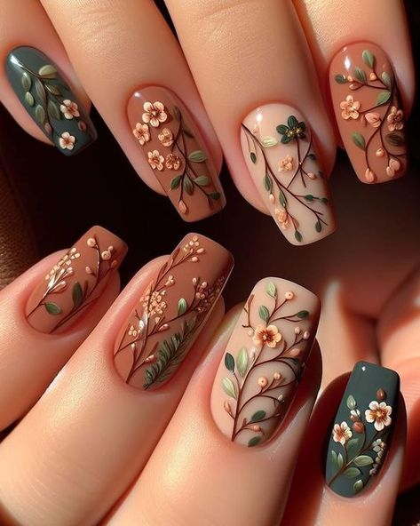 Gorgeous Floral Nail Art Ideas You NEED This Summer Boho Nails Coffin, Engagement Nails Floral, Forest Themed Nails, Green And Brown Nail Designs, Forest Wedding Nails, Earthy Nail Ideas, Flower Nails Natural, Forest Theme Nails, Green Vine Nails