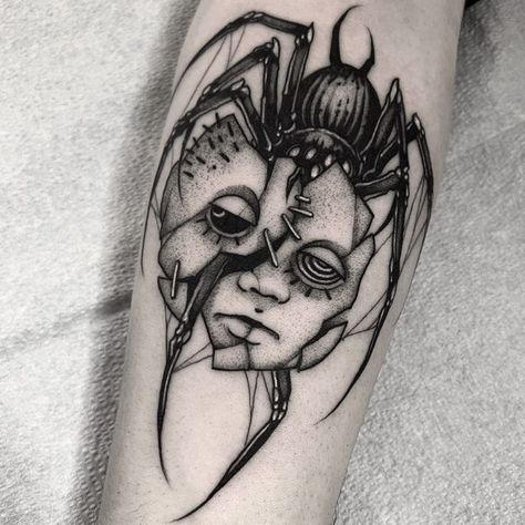 Creepy Tattoo Filler Ideas, Creepy Blackwork Tattoo, Gory Tattoo Designs, Creepy Face Tattoo, Creepy Small Tattoos, Small Dark Tattoos Creepy, Creepy Doll Tattoo, Grotesque Tattoo, Creepy Tattoos Gothic