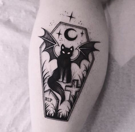 Yourself Tattoo, Coffin Tattoo, Gotik Tattoo, Cute Halloween Tattoos, Kitty Tattoos, Goth Tattoo, Black Cat Tattoos, Wicked Tattoos, Witch Tattoo