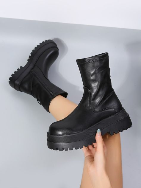 Women Black Minimalist Zip Side Boots, Round Toe Platform Mid Heel Combat BootsI discovered amazing products on SHEIN.com, come check them out! Heel Combat Boots, Combat Boots Style, Halloween Idea, High Heel Dress Shoes, Black Winter Boots, Cheap Boots, Black Minimalist, Shoe Inspiration, Aesthetic Shoes