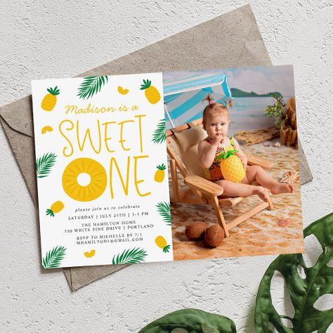 Sweet One Pineapple 1St Birthday Party Invitation #zazzle #weddinginvitations #birthdayinvitations #babyshowerinvitations #zazzleinvitations #monogram #businesscards #graduation #homedecor Tropical First Birthday Party, Sweet One Birthday Theme, First Birthday Sweet One, Pineapple First Birthday, Pineapple Ring, Pineapple Photo, Summer Birthday Invitations, Pineapple Birthday, Luau Birthday Party