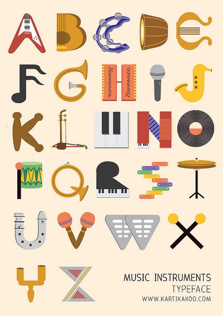 Music Instruments typeface by tikatikutiko, via Flickr Letters As Objects, Homemade Musical Instruments, Music Letters, Typography Alphabet, Alphabet A, Musical Art, Alphabet Design, Alphabet Art, Music Themed