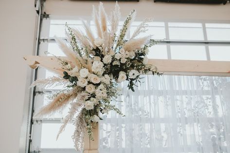 Pampas Grass With Greenery, Pampas Grass Wedding Centerpieces Simple, Pampas Grass Greenery Wedding, White Wedding Flowers With Pampas, Pampas Grass And Greenery Wedding, Pampas And Eucalyptus Centerpiece, Pampas And Greenery Wedding, Pampas Grass And Roses Centerpiece, Pampas And White Roses