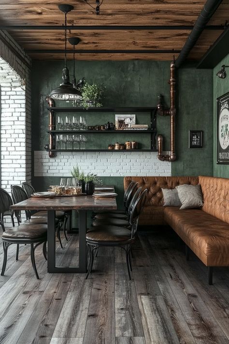 ♥ Looking for Industrial Dining Room inspiration? 🏠 Dive into the charm of this modern Industrial decor with rustic touches. Perfect for an Industrial loft apartment or Industrial house, featuring Industrial shelving and a cozy atmosphere. Get ready to elevate your space with dark and soft tones. 😍🌆 #IndustrialInteriorDesign #IndustrialDecor #LoftApartment #RusticDecor #UrbanLiving Industrial Apartment Aesthetic, Industrial Scandinavian Interior, Soft Industrial Decor, Industrial House Interior, Industrial Studio Apartment, Cozy Industrial Living Room, Modern Industrial Dining Room, Cozy Loft Apartment, Industrial Loft Apartment