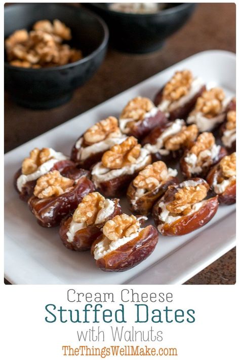 Quick, simple, yet elegant, these cream cheese stuffed dates with walnuts are highly customizable and are the perfect addition to your holiday appetizer lineup. #thethingswellmake #miy #dates #appetizers #horsdoeuvres #holidaycuisine #holidayfood #partyfood Cream Cheese Stuffed Dates, Cheese Stuffed Dates, Holiday Cooking Christmas, Christmas Crock, Holiday Appetizers Christmas, Cooking Christmas, Stuffed Dates, Holiday Appetizers Easy, Holiday Appetizer