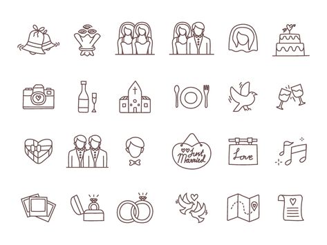 Free Wedding Line Icons by Krafted Wedding Bible, Wedding Icon, Graphic Design Assets, Free Icon Set, Hand Drawn Wedding, Embroidery Template, Save The Date Templates, Wedding Timeline, Wedding Vector