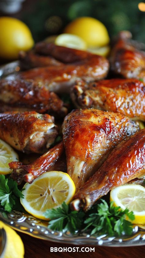 Roasted Lemon Pepper Turkey Wings are a bright, zesty dish that's perfect for any gathering! With just 15 minutes of prep, these wings are easy and full of flavor. Add chili flakes for a spicy kick! Save this now and check out the blog for 10+ recipes! Lemon Pepper Turkey Wings, Cajun Roasted Turkey, Roasted Whole Turkey, Lemon Pepper Turkey, Roasted Turkey Recipes, Turkey Thanksgiving Recipe, Honey Roasted Turkey, Thanksgiving Sliders, Butter Roasted Turkey