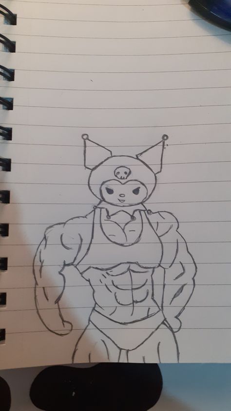 Kuromi Muscle, Kuromi Sketch, Kuromi Doodle, Sanrio Characters Drawing, Gym Doodles, Gym Drawing Art, Hello Kitty Muscle, Sanrio Sketch, Simple Cartoon Drawings