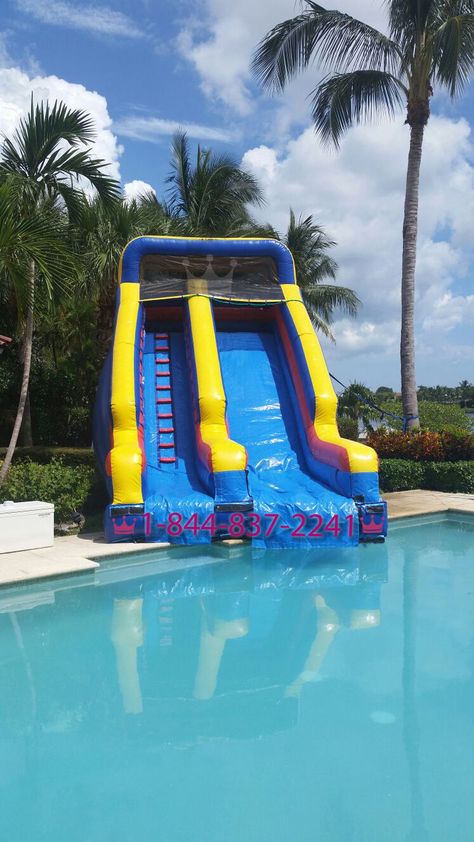 Water Slide Party Ideas, Water Slide Birthday Party Ideas, Backyard Pool Party Ideas, Birthday Pool Party Ideas, Water Slides Backyard, Water Slide Party, Florida Party, Blow Up Water Slide, Water Park Rides