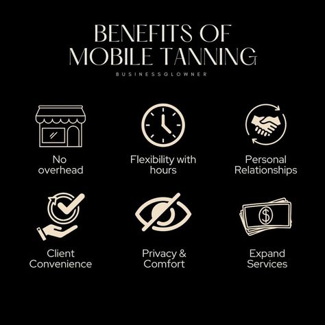 Become a Business GLOWner | There are many benefits to going mobile when starting a mobile spray tanning service: 🖤As a mobile technician you have less overhead… | Instagram Benefits Of A Spray Tan, How To Start A Mobile Spray Tan Business, Spray Tan Business Marketing, Mobile Spray Tanning Business, Spray Tan Marketing, Tanning Business, Mobile Tanning, Tanning Studio, Paying Rent