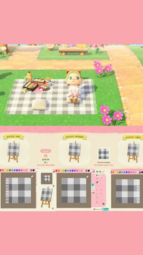 Animal Crossing Pixel Designs, Animal Crossing Patterns Design, Animal Crossing Floor Patterns, Acnh Motifs, Picnic Blanket Pattern, Acnh Patterns, Cozy Gaming, Animal Crossing 3ds, Animals Crossing