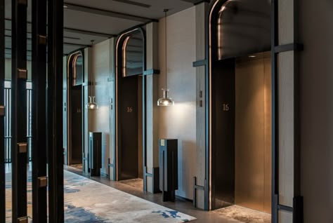 Lift Lobby Design, Lavatory Design, Elevator Interior, Elevator Lobby, Hotel Corridor, Corridor Design, Elevator Design, Infinity Pools, Rosewood Hotel