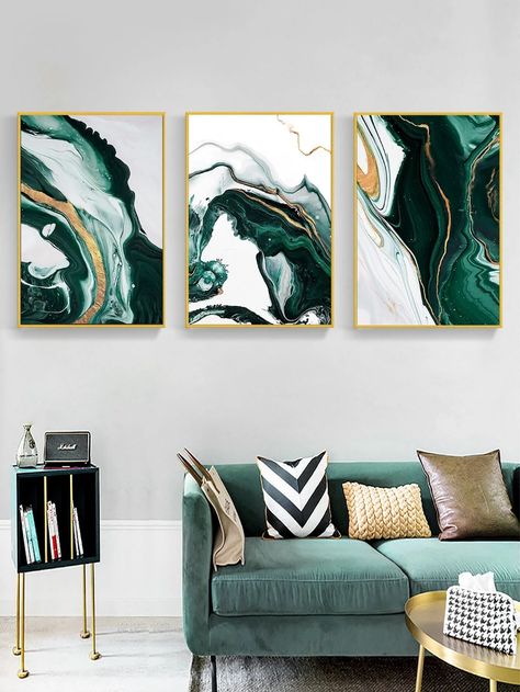 Green Living Room Decor, Modern Living Room Wall, Star Wall Art, Marble Painting, Grand Art Mural, 3 Piece Wall Art, Green Watercolor, Living Room Pictures, Art Large