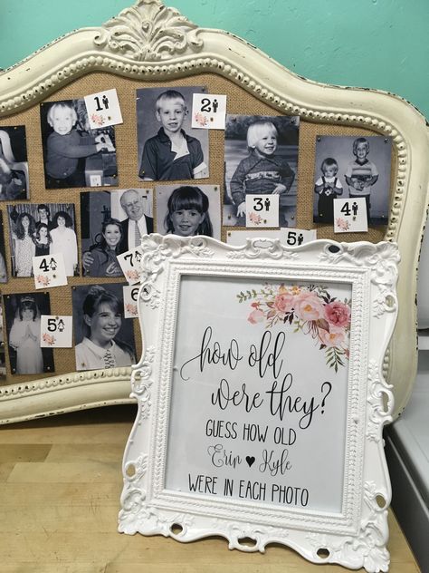 How Old Are They Bridal Shower Game, Guess How Old Bridal Shower Game, Bridal Shower Picture Game, Bridal Shower Photo Display Ideas, Family Bridal Shower Ideas, Antique Bridal Shower Ideas, Bridal Shower Keepsake Ideas, How Old Were They Bridal Shower Game, Bridal Shower Picture Display